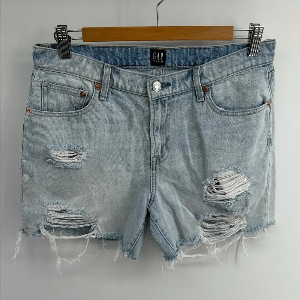 GAP denim distressed light wash long inseam hi rise cutoff denim jean shorts 28